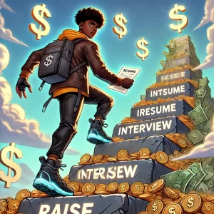 Anime-style illustration of a confident African American hero with cropped dark hair climbing a 'money mountain' holding a glowing resume like a treasure map