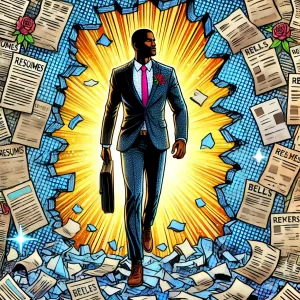 A comic book-style image featuring an African American professional breaking through a wall of old resumes, bills, and rejection letters. Bold outlines, vibrant colors, and halftone shading depict a dramatic and empowering career breakthrough.