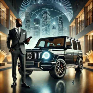 A sleek and futuristic black Mercedes-Benz G-Class (G-Wagon) parked in an upscale urban environment. In front of the G-Wagon, an African American man in stylish business-casual attire stands confidently, holding a tablet or car keys, symbolizing ownership and rental success. The glowing city skyline in the background adds a modern and aspirational touch.