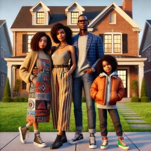 A woman with kinkier natural hair, an African American man with a darker skin tone, and a young daughter with wavy black hair and coffee-colored skin stand proudly in front of a modest brick Craftsman-style home in Atlanta. The family exudes confidence and success, dressed in trendy, stylish clothing, symbolizing financial stability and the achievement of homeownership."