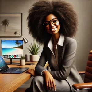 A realistic and dynamic image of an African American woman named Sheryl sitting at her home office desk during an online meeting. Sheryl has a kinky afro, black plastic-rimmed glasses, a bright white smile, and a thin frame. She is dressed in a sophisticated pant suit and appears focused but slightly daydreaming. On her desk, there is a laptop, a framed photo of her two young sons, a coffee mug, and a small plant. Above her head, a thought bubble shows her walking on a tropical beach in a yellow dress and sun hat, symbolizing her longing for a vacation.