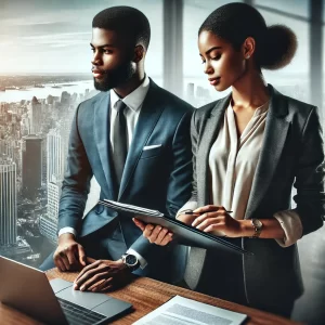 Professional African American man and woman in business attire collaborating in a modern office with a cityscape visible through large windows, symbolizing career success and empowerment