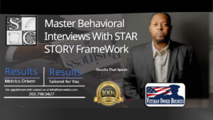 Promotional image for the online course ‘Master Behavioral Interviews with the STAR STORY Framework.’ The image features a sleek, modern design with a professional workspace in the background. A person is shown sitting at a desk, preparing for an interview, surrounded by symbols representing the STAR framework: Situation, Task, Action, and Result. The design uses soft neutral tones like blues and greys with gold and green accents, evoking a sense of professionalism and motivation.